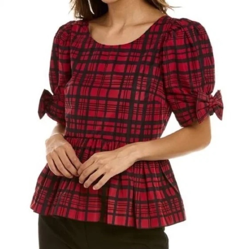 LoveShackFancy Keily Top in Moody Ruby tartan plaid taffeta bow puff sleeves